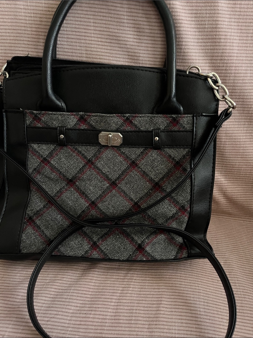 Black and Gray Plaid Tote Handbag